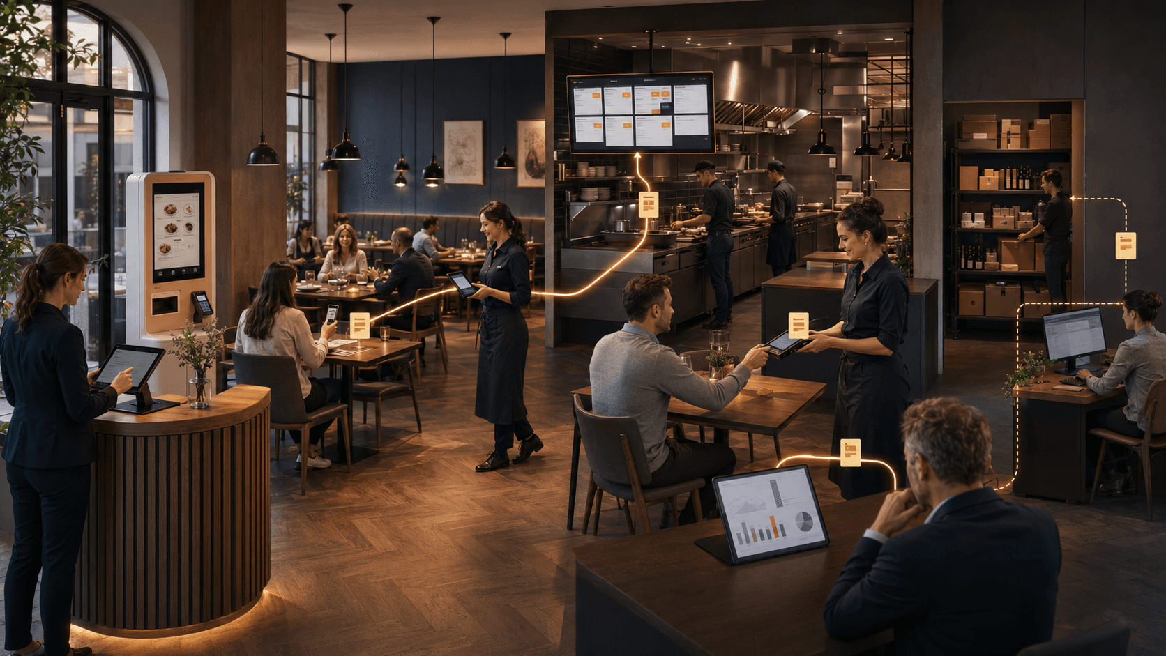 Vernetzte Restaurantabläufe verbinden Bestellung, Service, Küche, Zahlung und Reporting