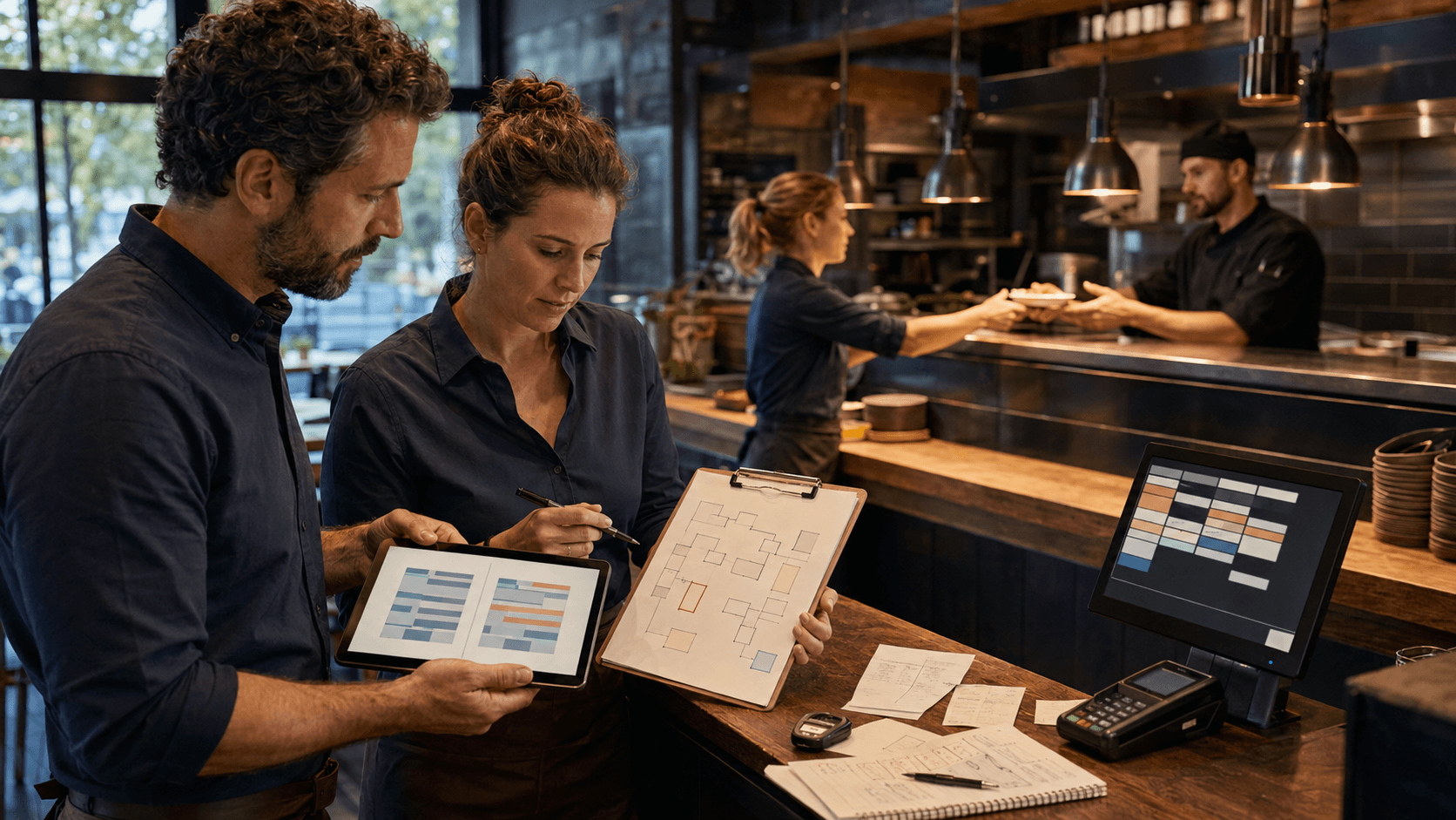 Restaurantmanager prüfen digitale Auswertungen und Grundrisse auf einem Tablet neben der Kasse