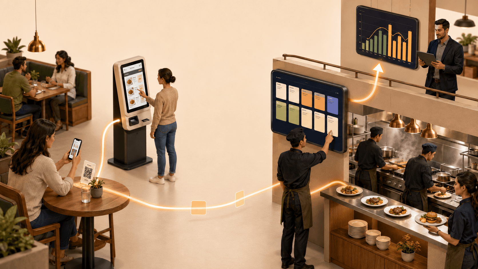 Vernetzter Restaurantablauf mit QR-Bestellung, Self-Service-Kiosk, Kitchen Display und Reporting